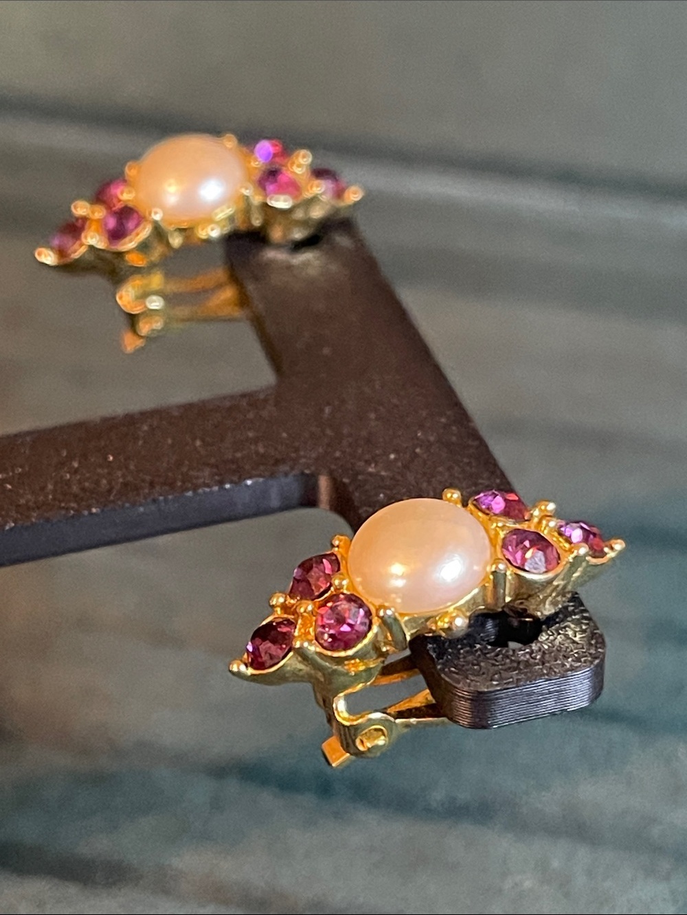 Vintage Givenchy Faux Pearl & Purple Rhinestone Clip On Earrings - Picture 7 of 10